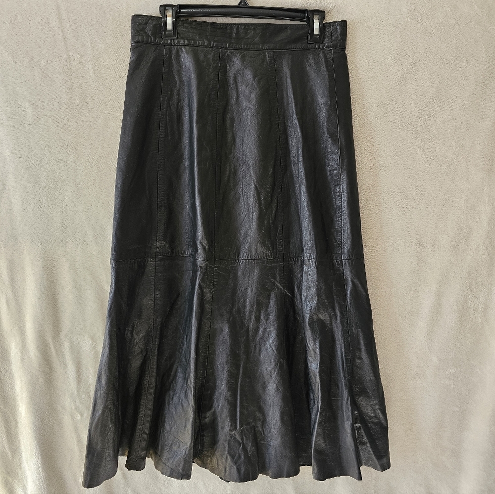 Vintage Deerskin Trading Post Black Leather Fit & Flare Midi Skirt Size 30 - Picture 2 of 8